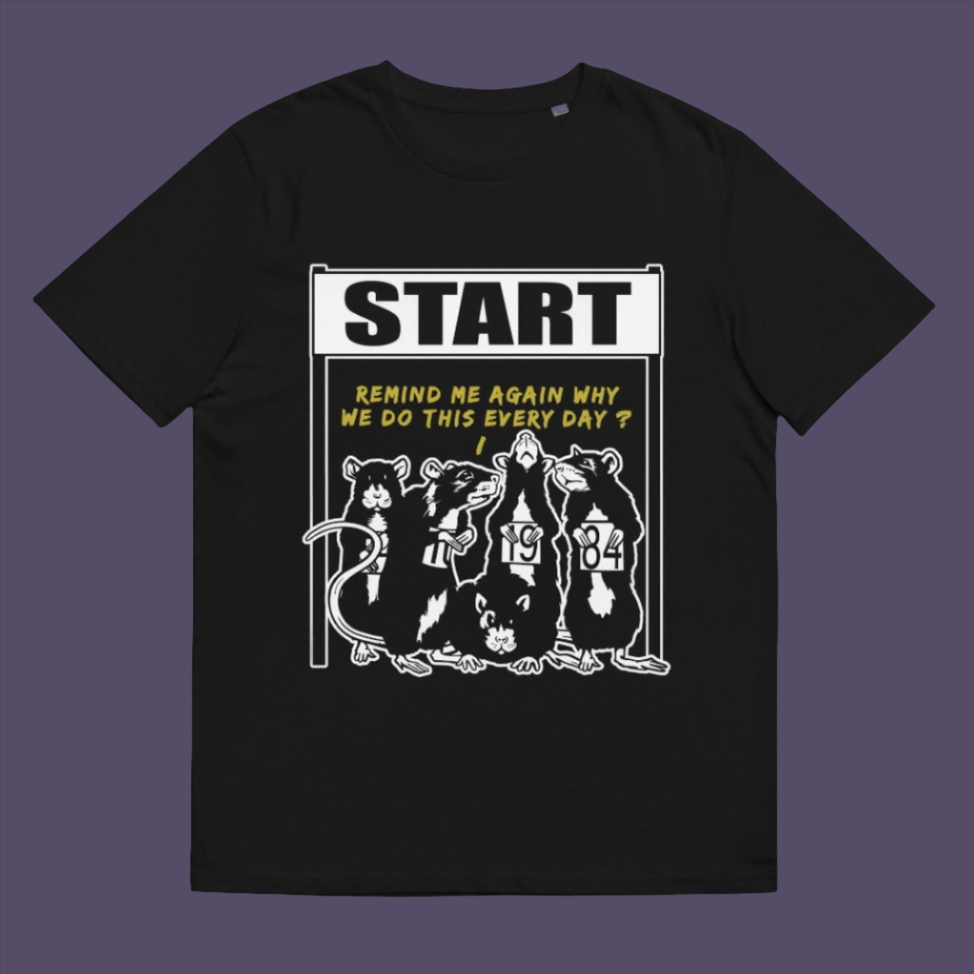 Black t-shirt. This Banksy style stencil art t-shirt represents the monotony of everyday working life. A unique satirical design for those times when life starts to feel a little repetitive, unnecessary, and questionable. Made from 100% organic ring-spun cotton, this street art graffiti t-shirt is unisex, high-quality, super comfy, and best of all, eco-friendly.