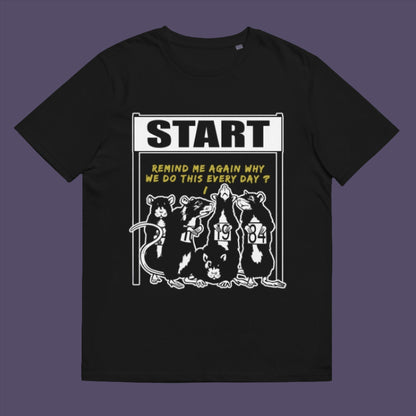 Black t-shirt. This Banksy style stencil art t-shirt represents the monotony of everyday working life. A unique satirical design for those times when life starts to feel a little repetitive, unnecessary, and questionable. Made from 100% organic ring-spun cotton, this street art graffiti t-shirt is unisex, high-quality, super comfy, and best of all, eco-friendly.