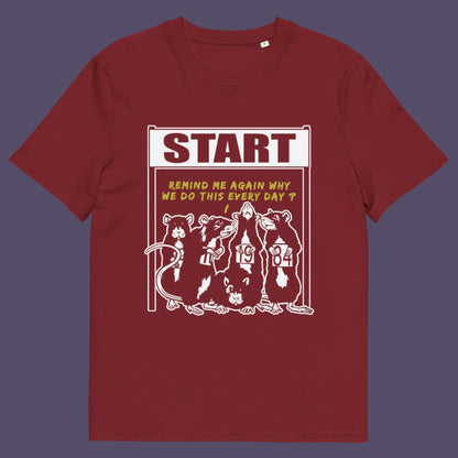 Burgundy t-shirt. This Banksy style stencil art t-shirt represents the monotony of everyday working life. A unique satirical design for those times when life starts to feel a little repetitive, unnecessary, and questionable. Made from 100% organic ring-spun cotton, this street art graffiti t-shirt is unisex, high-quality, super comfy, and best of all, eco-friendly.