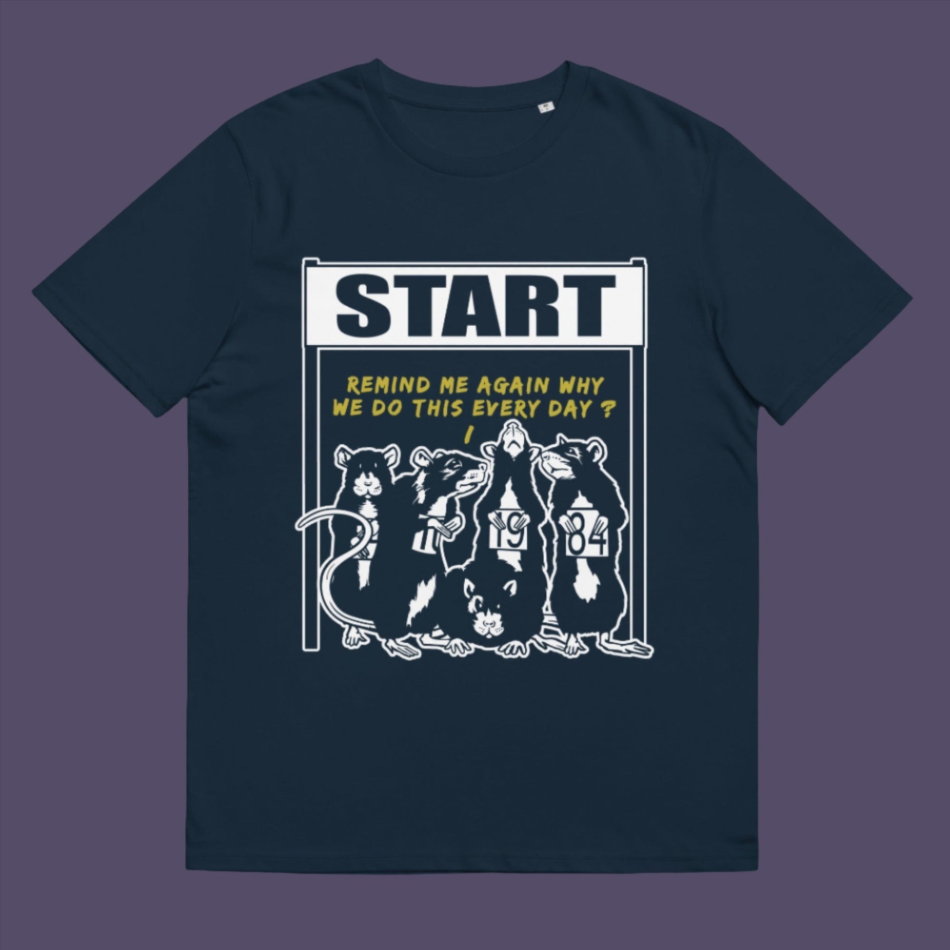 French navy t-shirt. This Banksy style stencil art t-shirt represents the monotony of everyday working life. A unique satirical design for those times when life starts to feel a little repetitive, unnecessary, and questionable. Made from 100% organic ring-spun cotton, this street art graffiti t-shirt is unisex, high-quality, super comfy, and best of all, eco-friendly.