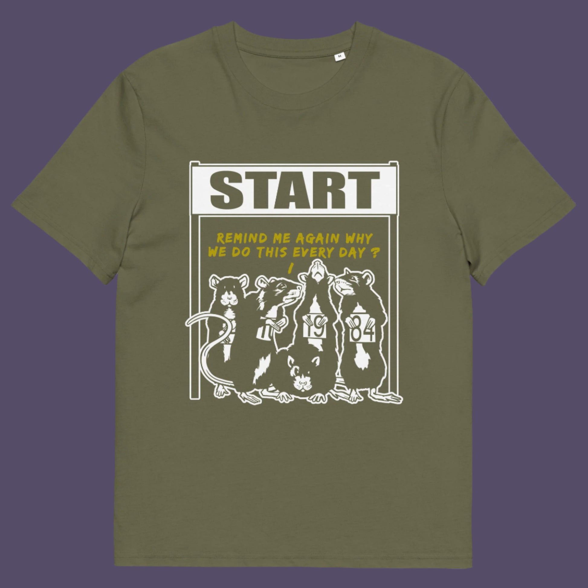 Khaki t-shirt. This Banksy style stencil art t-shirt represents the monotony of everyday working life. A unique satirical design for those times when life starts to feel a little repetitive, unnecessary, and questionable. Made from 100% organic ring-spun cotton, this street art graffiti t-shirt is unisex, high-quality, super comfy, and best of all, eco-friendly.