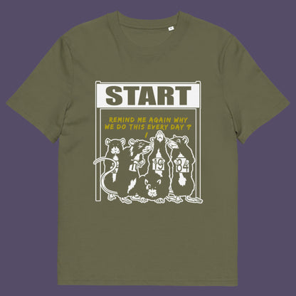 Khaki t-shirt. This Banksy style stencil art t-shirt represents the monotony of everyday working life. A unique satirical design for those times when life starts to feel a little repetitive, unnecessary, and questionable. Made from 100% organic ring-spun cotton, this street art graffiti t-shirt is unisex, high-quality, super comfy, and best of all, eco-friendly.