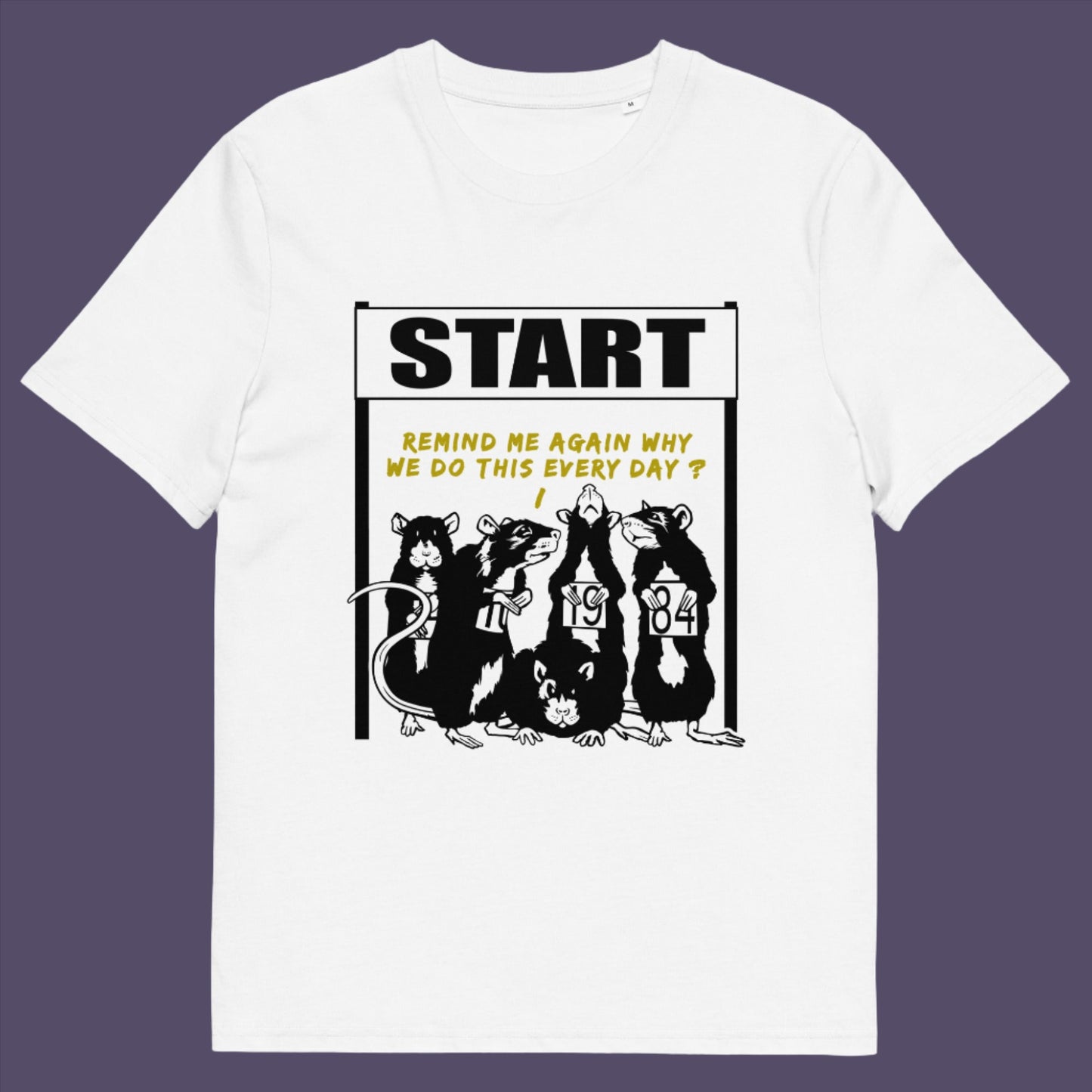 White t-shirt. This Banksy style stencil art t-shirt represents the monotony of everyday working life. A unique satirical design for those times when life starts to feel a little repetitive, unnecessary, and questionable. Made from 100% organic ring-spun cotton, this street art graffiti t-shirt is unisex, high-quality, super comfy, and best of all, eco-friendly.