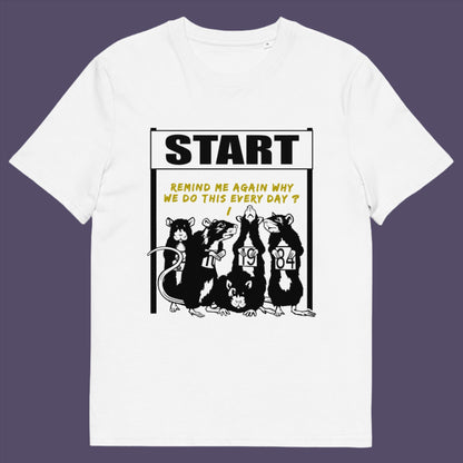 White t-shirt. This Banksy style stencil art t-shirt represents the monotony of everyday working life. A unique satirical design for those times when life starts to feel a little repetitive, unnecessary, and questionable. Made from 100% organic ring-spun cotton, this street art graffiti t-shirt is unisex, high-quality, super comfy, and best of all, eco-friendly.