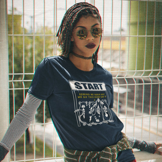 This stencil graffiti t shirt represents the monotony of everyday working life. A unique satirical design for those times when life starts to feel a little repetitive, unnecessary, and questionable. Made from 100% organic ring-spun cotton, this urban art t shirt is unisex, high-quality, super comfy, and best of all, eco-friendly.