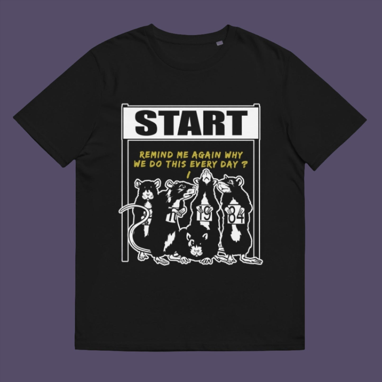 Black t-shirt. This stencil graffiti t shirt represents the monotony of everyday working life. A unique satirical design for those times when life starts to feel a little repetitive, unnecessary, and questionable. Made from 100% organic ring-spun cotton, this urban art t shirt is unisex, high-quality, super comfy, and best of all, eco-friendly.