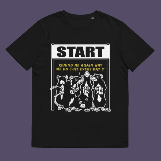 Black t-shirt. This stencil graffiti t shirt represents the monotony of everyday working life. A unique satirical design for those times when life starts to feel a little repetitive, unnecessary, and questionable. Made from 100% organic ring-spun cotton, this urban art t shirt is unisex, high-quality, super comfy, and best of all, eco-friendly.