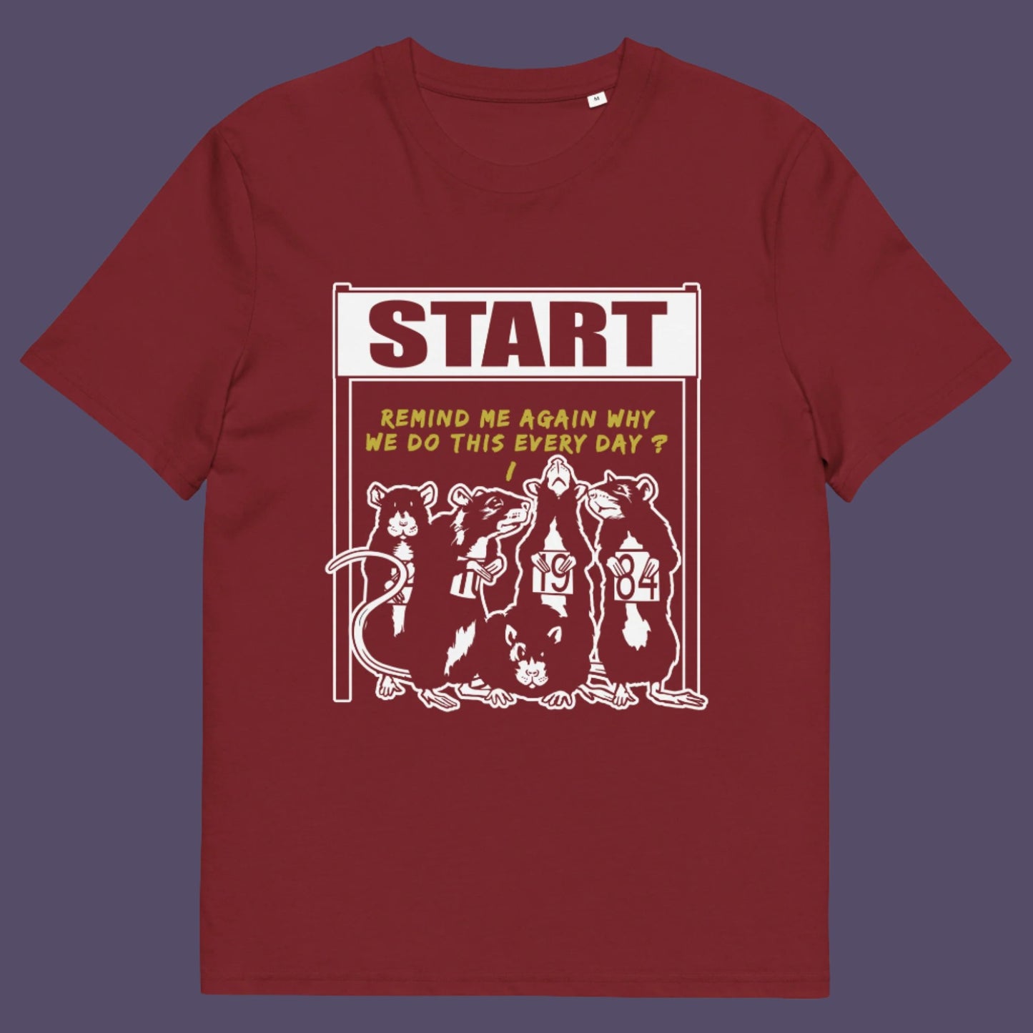 Burgundy t-shirt. This stencil graffiti t shirt represents the monotony of everyday working life. A unique satirical design for those times when life starts to feel a little repetitive, unnecessary, and questionable. Made from 100% organic ring-spun cotton, this urban art t shirt is unisex, high-quality, super comfy, and best of all, eco-friendly.