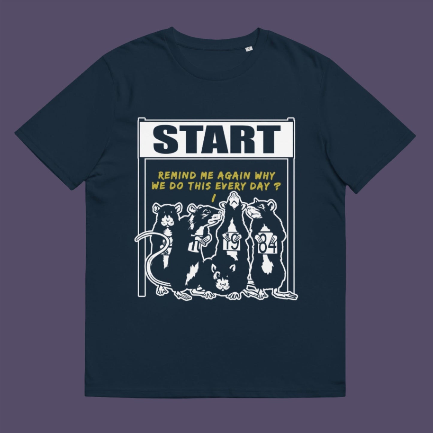 French navy t-shirt. This stencil graffiti t shirt represents the monotony of everyday working life. A unique satirical design for those times when life starts to feel a little repetitive, unnecessary, and questionable. Made from 100% organic ring-spun cotton, this urban art t shirt is unisex, high-quality, super comfy, and best of all, eco-friendly.