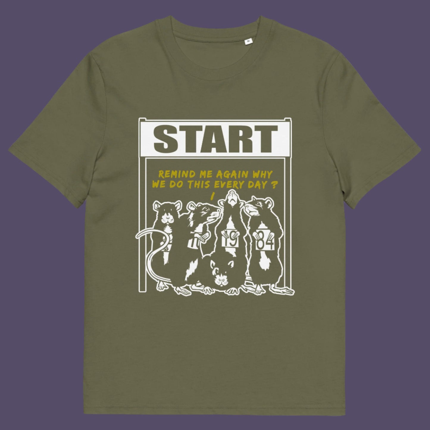 Khaki t-shirt. This stencil graffiti t shirt represents the monotony of everyday working life. A unique satirical design for those times when life starts to feel a little repetitive, unnecessary, and questionable. Made from 100% organic ring-spun cotton, this urban art t shirt is unisex, high-quality, super comfy, and best of all, eco-friendly.