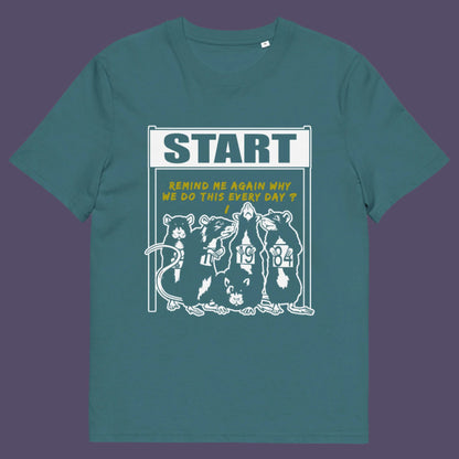 Stargazer t-shirt. This stencil graffiti t shirt represents the monotony of everyday working life. A unique satirical design for those times when life starts to feel a little repetitive, unnecessary, and questionable. Made from 100% organic ring-spun cotton, this urban art t shirt is unisex, high-quality, super comfy, and best of all, eco-friendly.