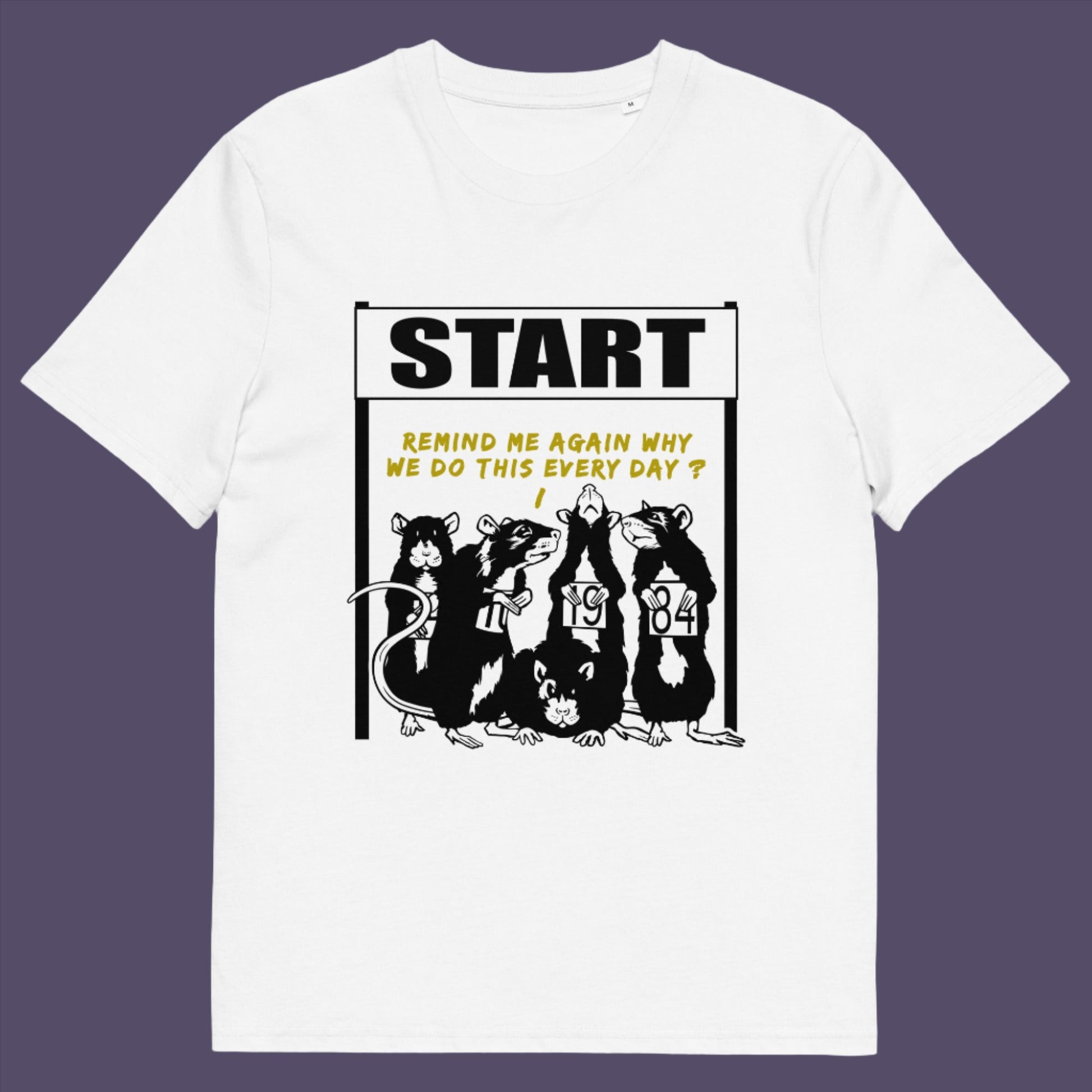 White t-shirt. This stencil graffiti t shirt represents the monotony of everyday working life. A unique satirical design for those times when life starts to feel a little repetitive, unnecessary, and questionable. Made from 100% organic ring-spun cotton, this urban art t shirt is unisex, high-quality, super comfy, and best of all, eco-friendly.