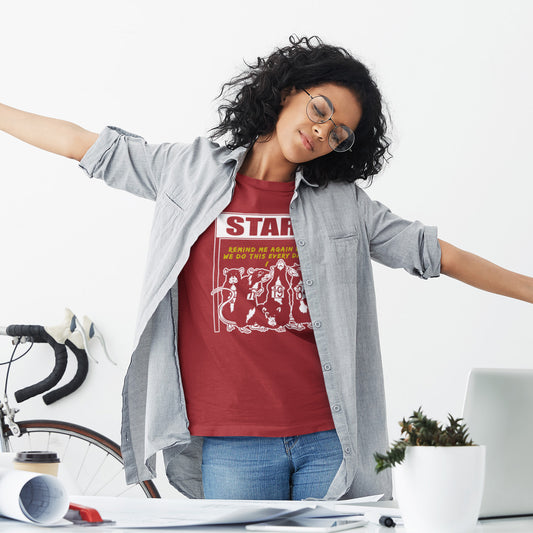 Working woman in a burgundy t-shirt. This stencil graffiti t shirt represents the monotony of everyday working life. A unique satirical design for those times when life starts to feel a little repetitive, unnecessary, and questionable. Made from 100% organic ring-spun cotton, this urban art t shirt is unisex, high-quality, super comfy, and best of all, eco-friendly.