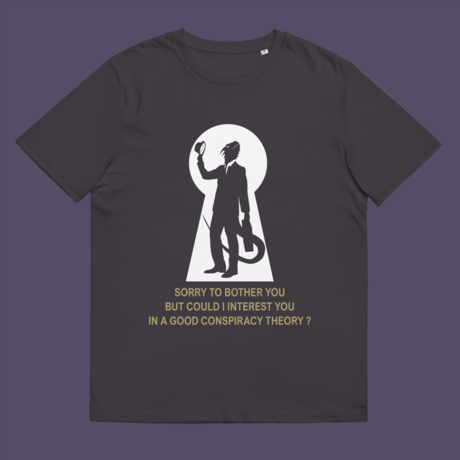 Anthracite t-shirt. A funny conspiracy theory t-shirt. Just an ordinary, everyday, door-to-door conspiracy theory salesman. Made from 100% organic ring-spun cotton, this reptilian alien t-shirt is unisex, high-quality, super comfy, and best of all, eco-friendly.
