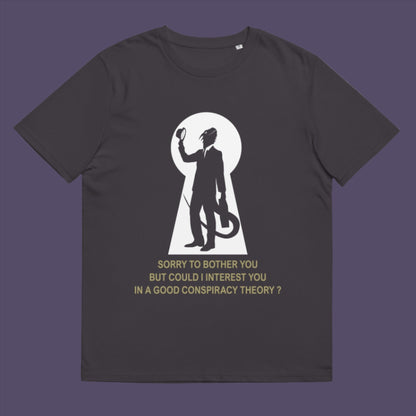 Anthracite t-shirt. A funny conspiracy theory t-shirt. Just an ordinary, everyday, door-to-door conspiracy theory salesman. Made from 100% organic ring-spun cotton, this reptilian alien t-shirt is unisex, high-quality, super comfy, and best of all, eco-friendly.