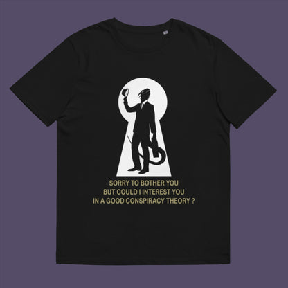 Black t-shirt. A funny conspiracy theory t-shirt. Just an ordinary, everyday, door-to-door conspiracy theory salesman. Made from 100% organic ring-spun cotton, this reptilian alien t-shirt is unisex, high-quality, super comfy, and best of all, eco-friendly.