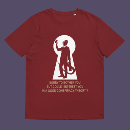 Burgundy t-shirt. A funny conspiracy theory t-shirt. Just an ordinary, everyday, door-to-door conspiracy theory salesman. Made from 100% organic ring-spun cotton, this reptilian alien t-shirt is unisex, high-quality, super comfy, and best of all, eco-friendly.