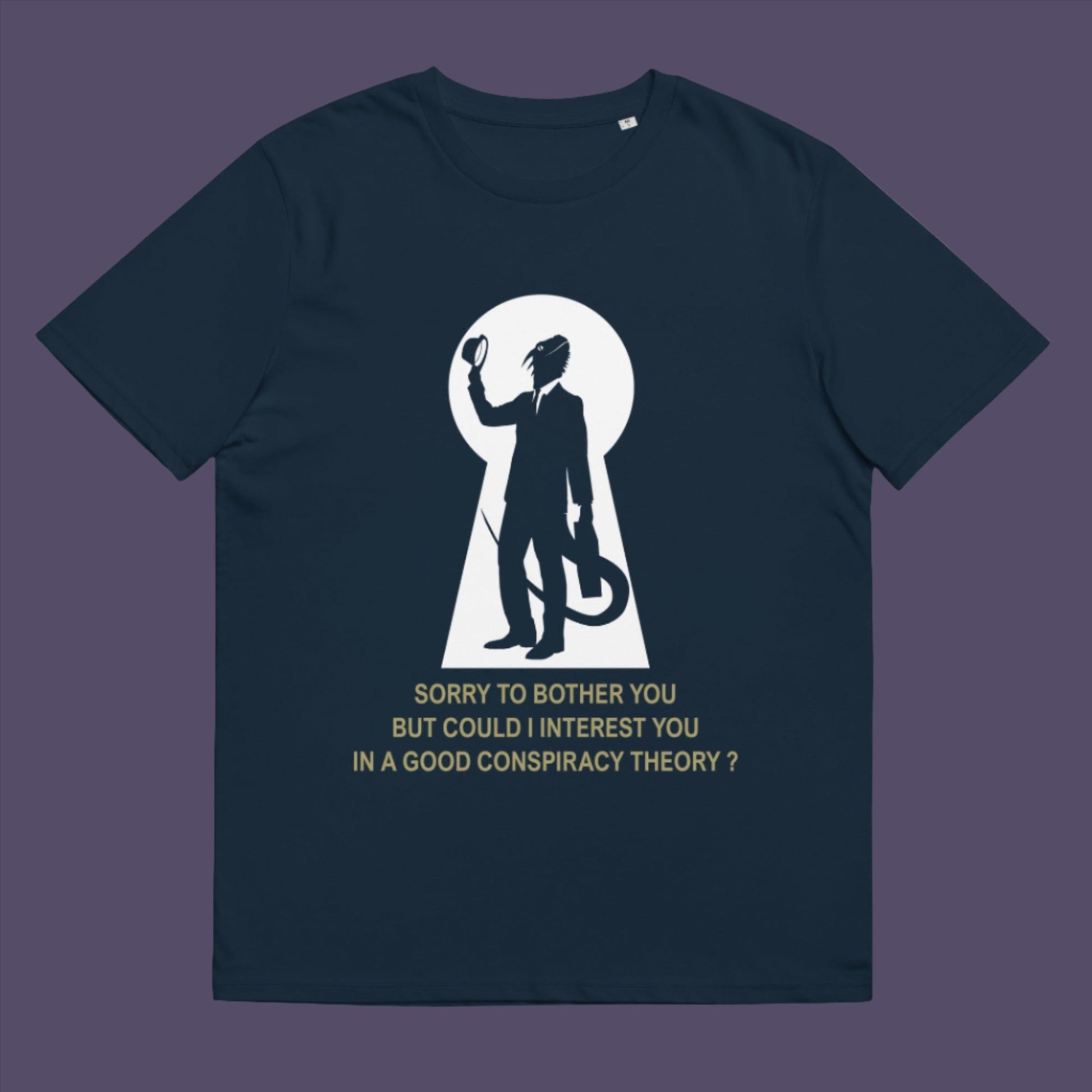 French navy t-shirt. A funny conspiracy theory t-shirt. Just an ordinary, everyday, door-to-door conspiracy theory salesman. Made from 100% organic ring-spun cotton, this reptilian alien t-shirt is unisex, high-quality, super comfy, and best of all, eco-friendly.