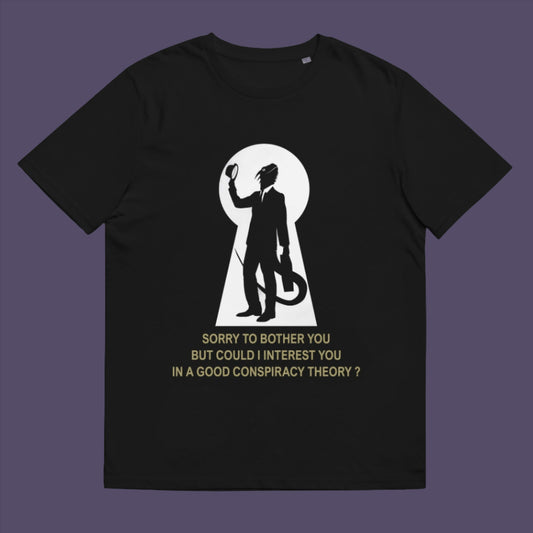 Black t-shirt. A funny conspiracy theory t-shirt. Just an ordinary, everyday, door-to-door conspiracy theory salesman. Made from 100% organic ring-spun cotton, this conspiracy theorist t shirt is unisex, high-quality, super comfy, and best of all, eco-friendly.