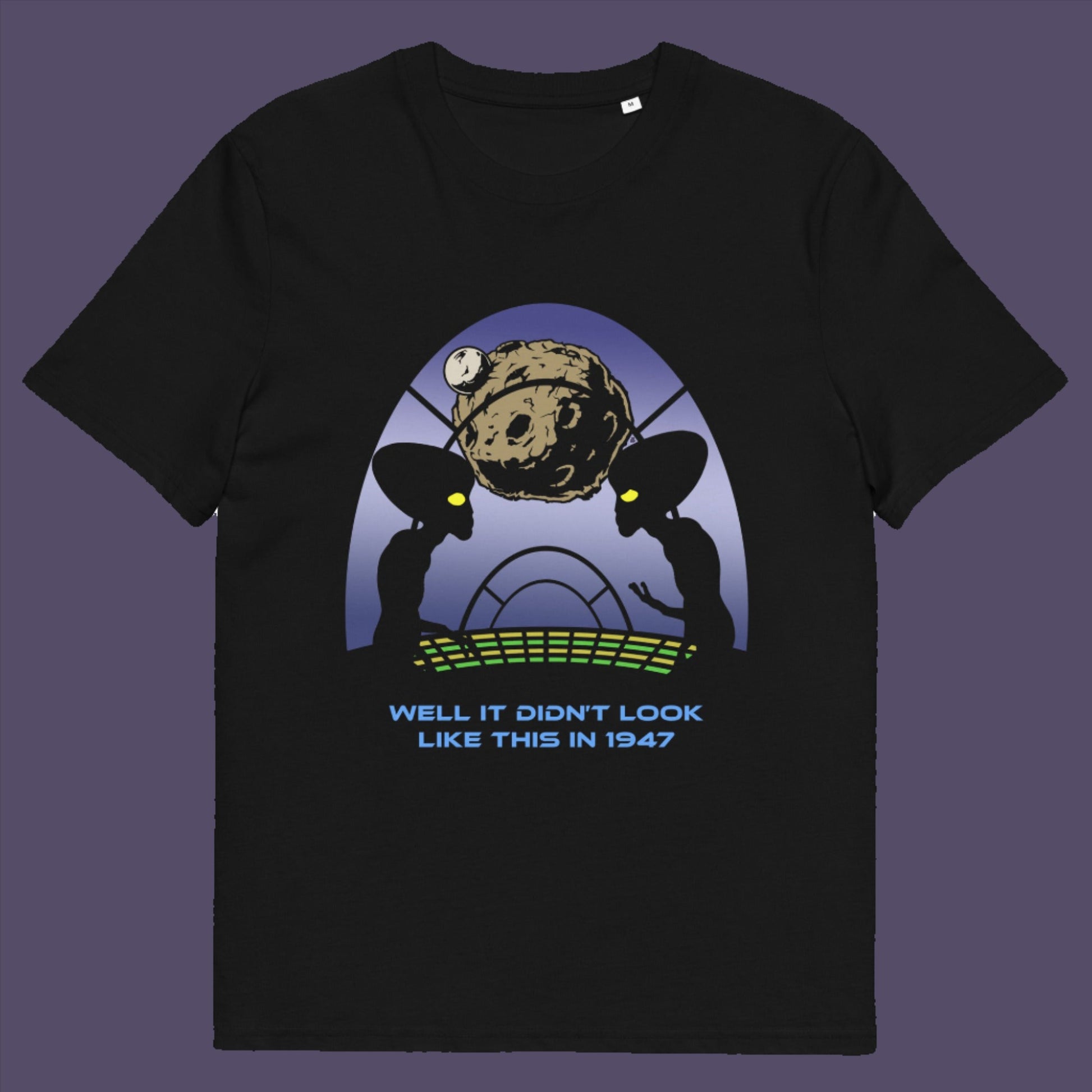 Black t-shirt. A funny alien t-shirt for lovers of conspiracy theory. Imagine the aliens from the 1947 Roswell incident coming back in the future to see what we've done with the place. Made from 100% organic ring-spun cotton, this witty alien t-shirt is unisex, high-quality, super comfy, and best of all, eco-friendly.