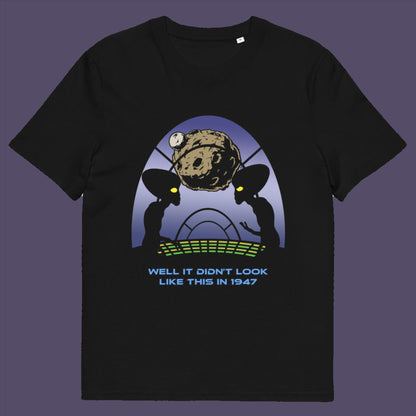 Black t-shirt. A funny alien t-shirt for lovers of conspiracy theory. Imagine the aliens from the 1947 Roswell incident coming back in the future to see what we've done with the place. Made from 100% organic ring-spun cotton, this witty alien t-shirt is unisex, high-quality, super comfy, and best of all, eco-friendly.
