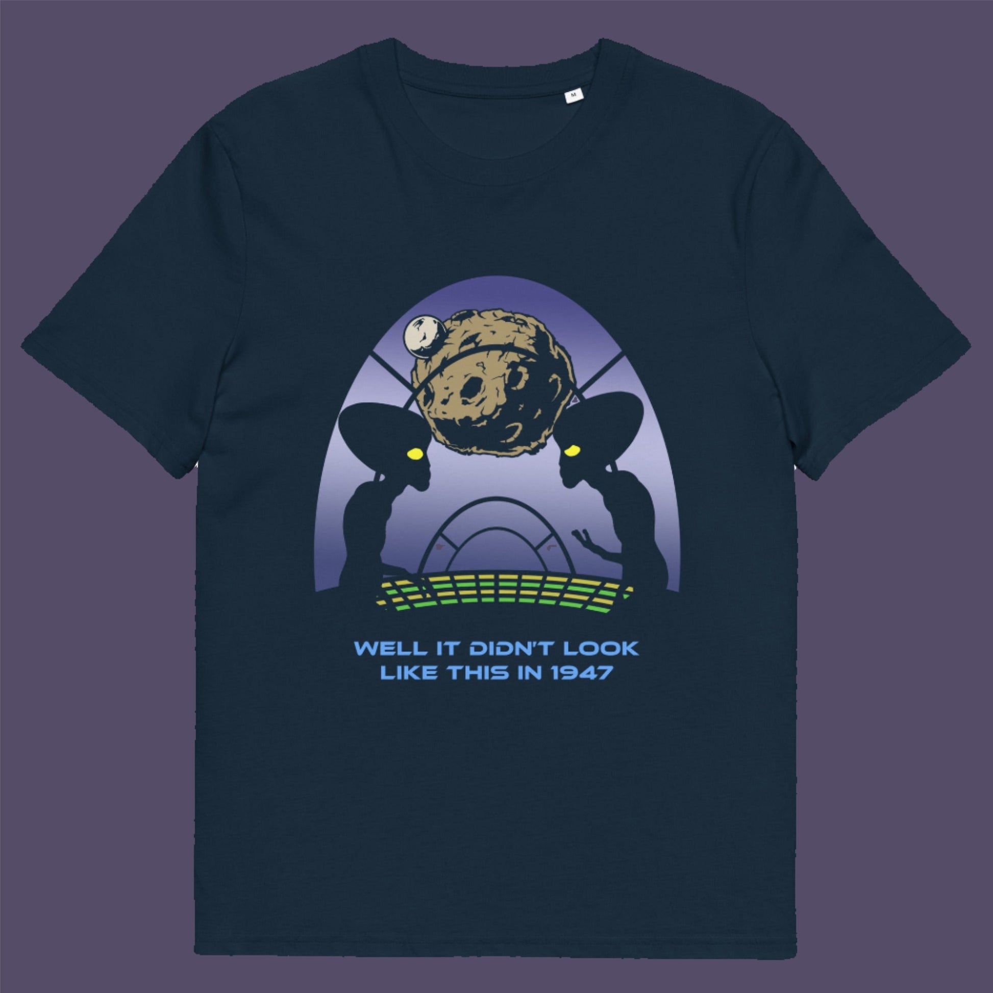French navy t-shirt. A funny alien t-shirt for lovers of conspiracy theory. Imagine the aliens from the 1947 Roswell incident coming back in the future to see what we've done with the place. Made from 100% organic ring-spun cotton, this witty alien t-shirt is unisex, high-quality, super comfy, and best of all, eco-friendly.