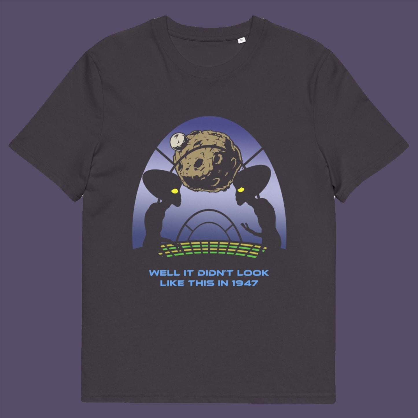 Anthracite t-shirt. A funny alien t shirt for lovers of conspiracy theory. Imagine the aliens from the 1947 Roswell incident coming back in the future to see what we've done with the place. Made from 100% organic ring-spun cotton, this funny alien t shirt is unisex, high-quality, super comfy, and best of all, eco-friendly.