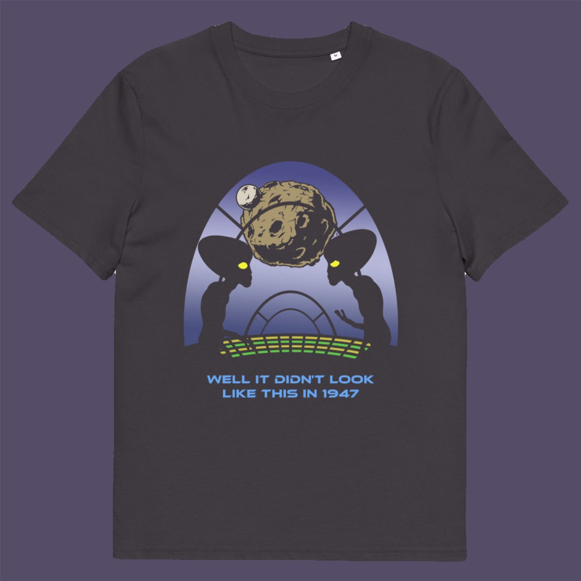 Anthracite t-shirt. A funny alien t shirt for lovers of conspiracy theory. Imagine the aliens from the 1947 Roswell incident coming back in the future to see what we've done with the place. Made from 100% organic ring-spun cotton, this funny alien t shirt is unisex, high-quality, super comfy, and best of all, eco-friendly.