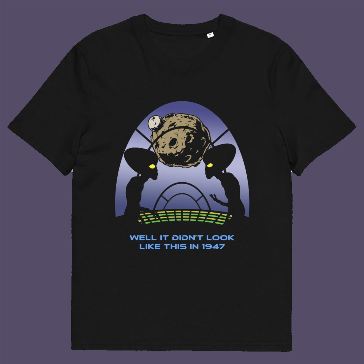 Black t-shirt. A funny alien t shirt for lovers of conspiracy theory. Imagine the aliens from the 1947 Roswell incident coming back in the future to see what we've done with the place. Made from 100% organic ring-spun cotton, this funny alien t shirt is unisex, high-quality, super comfy, and best of all, eco-friendly.