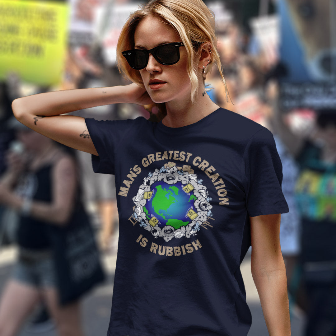 Woman wearing a t-shirt with an environmental message in a crowd. A satirical save the planet t shirt design. If you really think about it the biggest creation man has added to the world is actually biproduct and trash. No wonder the planet is at risk of being poisoned. Made from 100% organic ring-spun cotton, this save the planet t shirt is unisex, high-quality, super comfy, and best of all, eco-friendly.