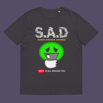 Anthracite t-shirt. A funny anti-mobile phone t-shirt. The next time a mobile zombie bumps into you in an empty street don't get angry, show some sympathy and support by wearing this social awareness design. Made from 100% organic ring-spun cotton, this satirical and sarcastic t-shirt is unisex, high-quality, super comfy, and best of all, eco-friendly.