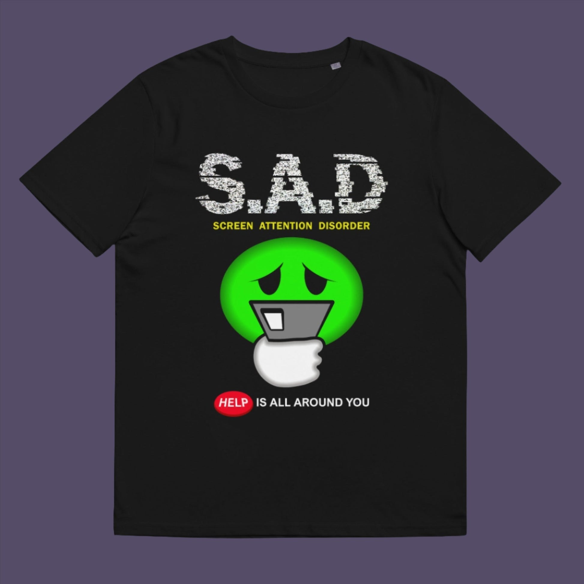 Black t-shirt. A funny anti-mobile phone t-shirt. The next time a mobile zombie bumps into you in an empty street don't get angry, show some sympathy and support by wearing this social awareness design. Made from 100% organic ring-spun cotton, this satirical and sarcastic t-shirt is unisex, high-quality, super comfy, and best of all, eco-friendly.