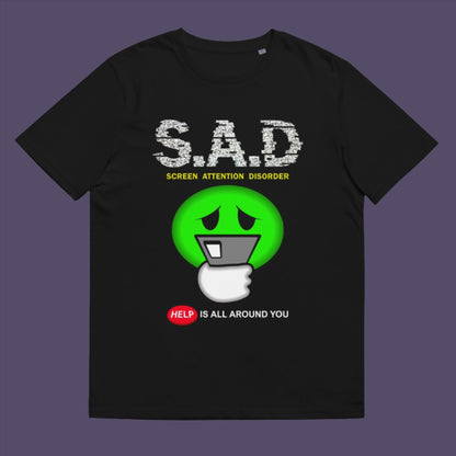 Black t-shirt. A funny anti-mobile phone t-shirt. The next time a mobile zombie bumps into you in an empty street don't get angry, show some sympathy and support by wearing this social awareness design. Made from 100% organic ring-spun cotton, this satirical and sarcastic t-shirt is unisex, high-quality, super comfy, and best of all, eco-friendly.