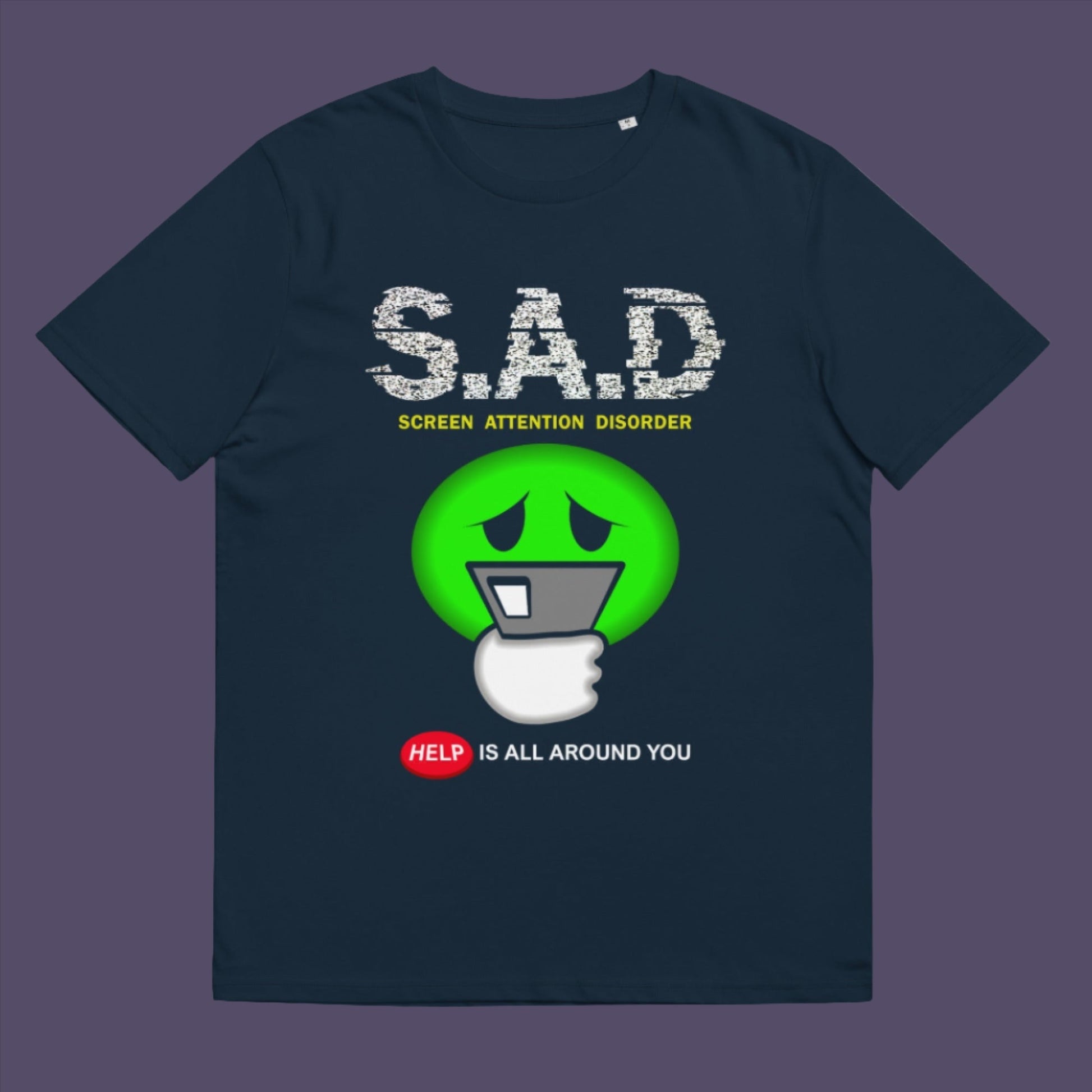 French navy  t-shirt. A funny anti-mobile phone t-shirt. The next time a mobile zombie bumps into you in an empty street don't get angry, show some sympathy and support by wearing this social awareness design. Made from 100% organic ring-spun cotton, this satirical and sarcastic t-shirt is unisex, high-quality, super comfy, and best of all, eco-friendly.