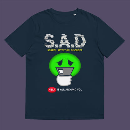 French navy  t-shirt. A funny anti-mobile phone t-shirt. The next time a mobile zombie bumps into you in an empty street don't get angry, show some sympathy and support by wearing this social awareness design. Made from 100% organic ring-spun cotton, this satirical and sarcastic t-shirt is unisex, high-quality, super comfy, and best of all, eco-friendly.