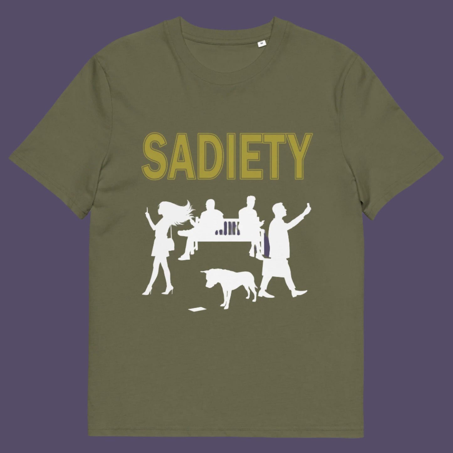 Khaki t-shirt. A counterculture t-shirt design promoting social awareness about the effects of the mobile phone on society and sociability. The mobile phone has made people in close proximity seem miles apart. It's not a society, it's sadiety. Made from 100% organic ring-spun cotton, this subculture t-shirt is unisex, high-quality, super comfy, and best of all, eco-friendly.