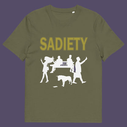 Khaki t-shirt. A counterculture t-shirt design promoting social awareness about the effects of the mobile phone on society and sociability. The mobile phone has made people in close proximity seem miles apart. It's not a society, it's sadiety. Made from 100% organic ring-spun cotton, this subculture t-shirt is unisex, high-quality, super comfy, and best of all, eco-friendly.
