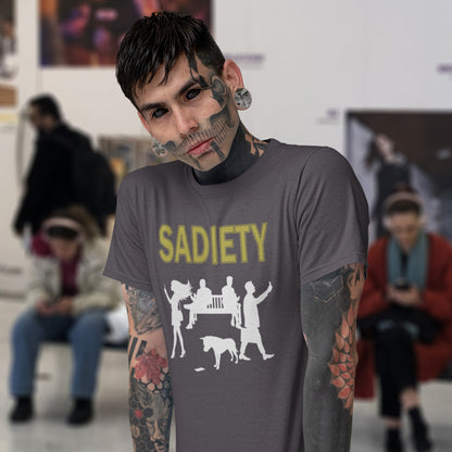 Person wearing an anthracite t-shirt with 'SADIETY' design in a public setting. A counterculture t-shirt design promoting social awareness about the effects of the mobile phone on society and sociability. The mobile phone has made people in close proximity seem miles apart. It's not a society, it's sadiety. Made from 100% organic ring-spun cotton, this subculture t-shirt is unisex, high-quality, super comfy, and best of all, eco-friendly.