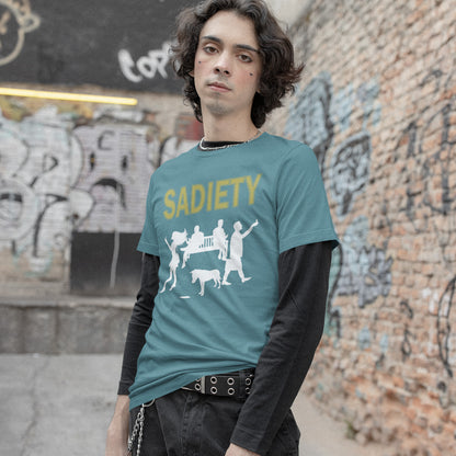 The mobile phone has made people in close proximity seem miles apart. It's not a society, it's sadiety. Made from 100% organic ring-spun cotton, this unisex t-shirt is a total must-have. It's high-quality, super comfy, and best of all—eco-friendly.