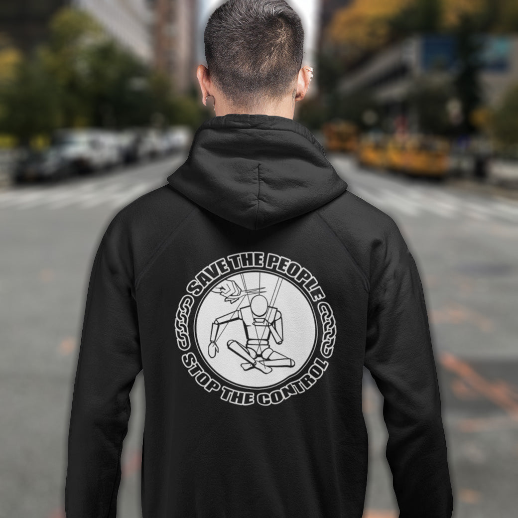 Person wearing a black hoodie with a graphic design on the back in an urban setting. This political hoodie carries an anti-dictatorship message and encourages independent thought. A unique design promoting freedom of choice and a less controlling government. Comfortable and practical. It's extra soft and has a convenient front pouch pocket. Made from organic cotton and recycled polyester, this political hoodie is a great eco-friendly choice.