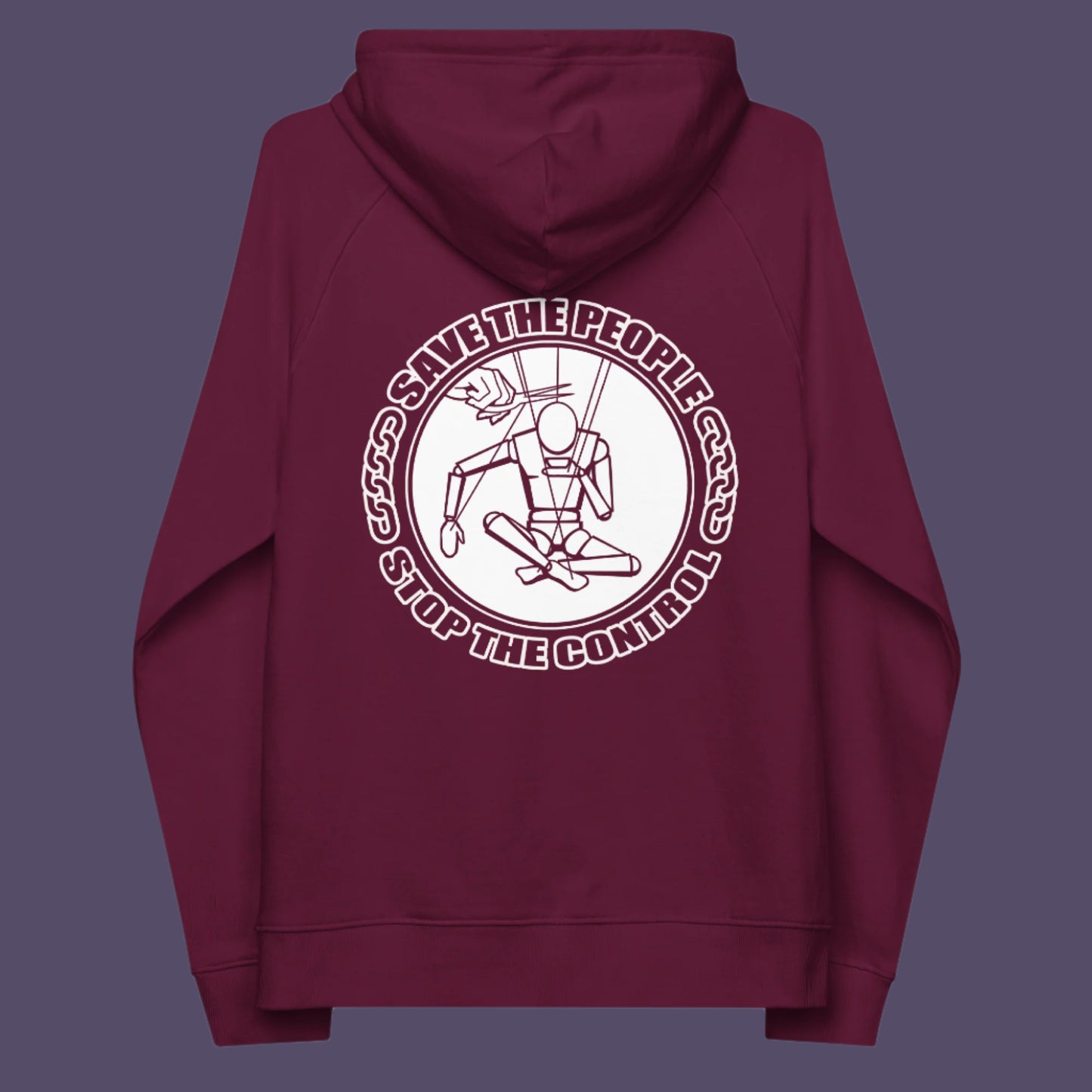 Burgundy hoodie back. This political hoodie carries an anti-dictatorship message and encourages independent thought. A unique design promoting freedom of choice and a less controlling government. Comfortable and practical. It's extra soft and has a convenient front pouch pocket. Made from organic cotton and recycled polyester, this political hoodie is a great eco-friendly choice.