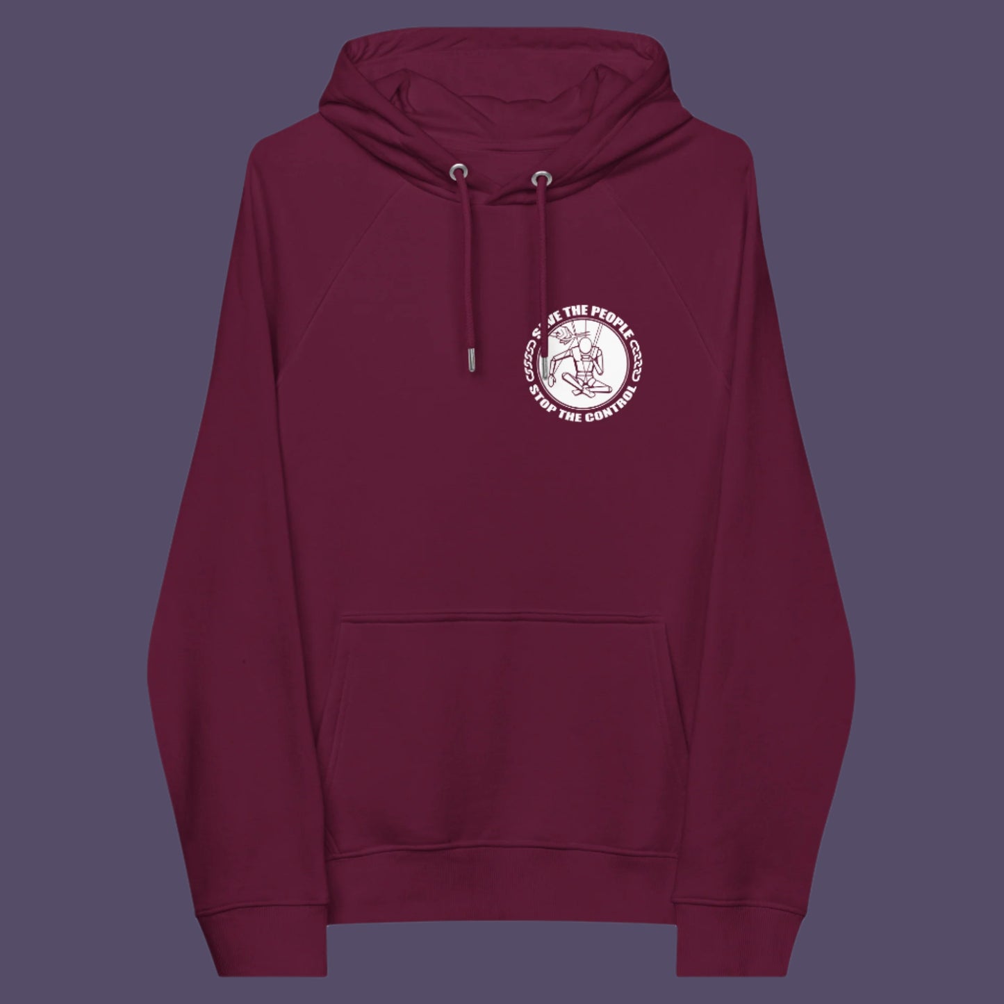 Burgundy hoodie front. This political hoodie carries an anti-dictatorship message and encourages independent thought. A unique design promoting freedom of choice and a less controlling government. Comfortable and practical. It's extra soft and has a convenient front pouch pocket. Made from organic cotton and recycled polyester, this political hoodie is a great eco-friendly choice.
