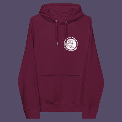 Burgundy hoodie front. This political hoodie carries an anti-dictatorship message and encourages independent thought. A unique design promoting freedom of choice and a less controlling government. Comfortable and practical. It's extra soft and has a convenient front pouch pocket. Made from organic cotton and recycled polyester, this political hoodie is a great eco-friendly choice.