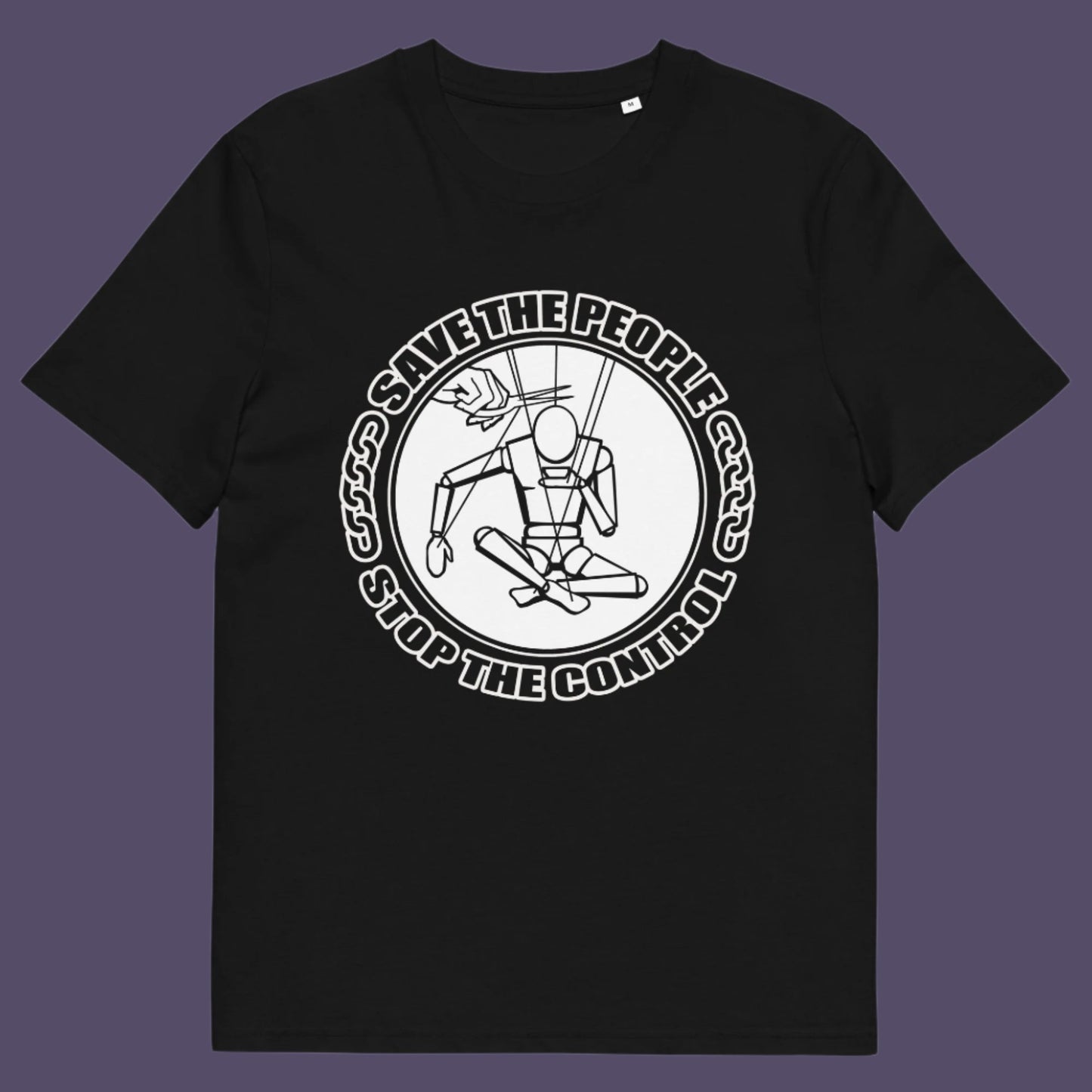 Black t-shirt. This political t-shirt carries an anti-dictatorship message and encourages independent thought. A unique design promoting freedom of choice and a less controlling government. Made from 100% organic ring-spun cotton, this political t-shirt is unisex, high-quality, super comfy, and best of all, eco-friendly.