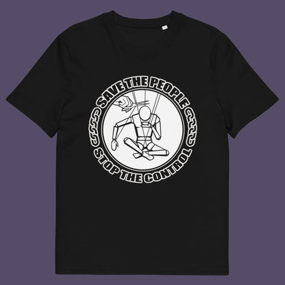 Black t-shirt. This political t-shirt carries an anti-dictatorship message and encourages independent thought. A unique design promoting freedom of choice and a less controlling government. Made from 100% organic ring-spun cotton, this political t-shirt is unisex, high-quality, super comfy, and best of all, eco-friendly.