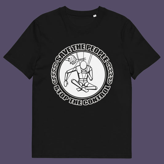 Black t-shirt. This political t-shirt carries an anti-dictatorship message and encourages independent thought. A unique design promoting freedom of choice and a less controlling government. Made from 100% organic ring-spun cotton, this political t-shirt is unisex, high-quality, super comfy, and best of all, eco-friendly.