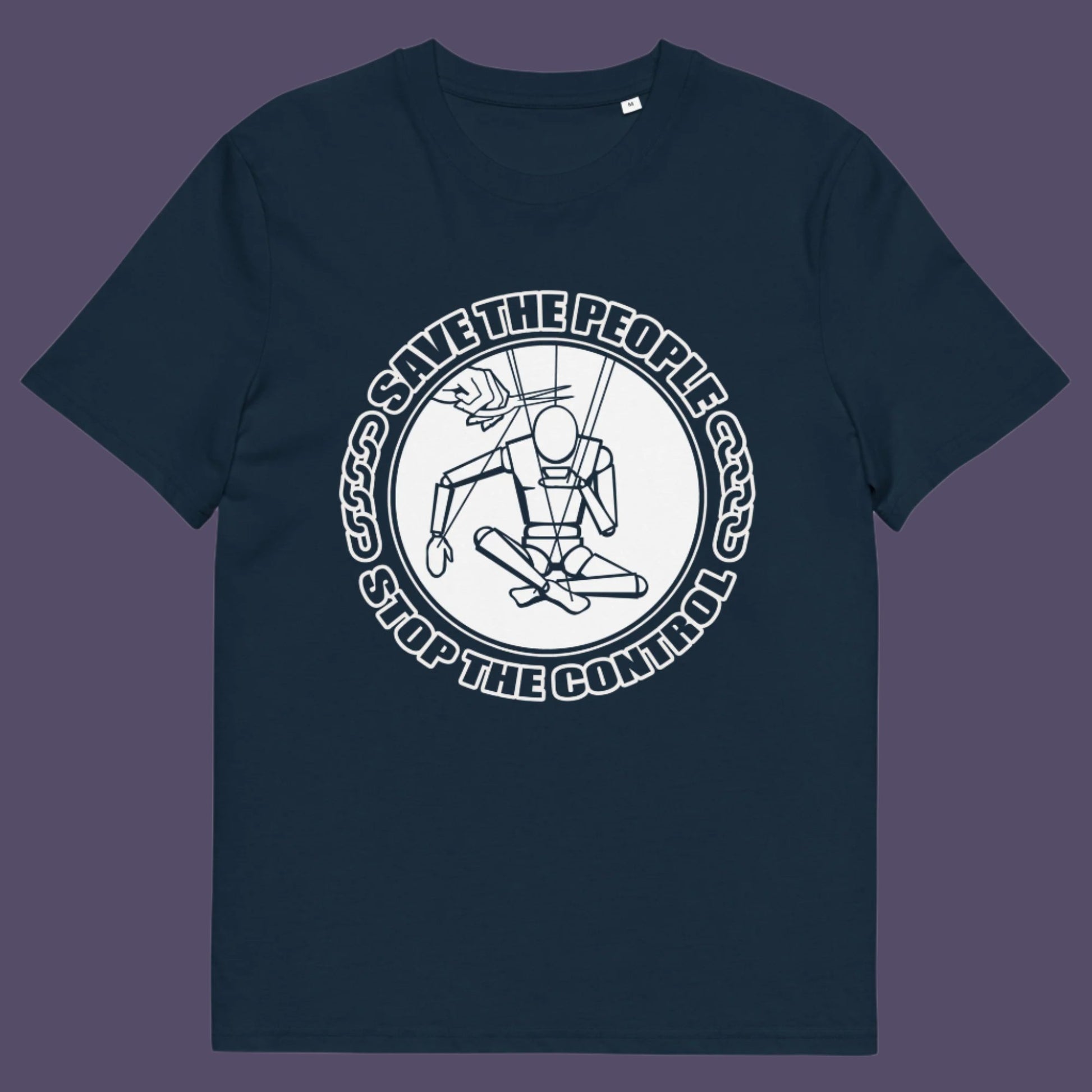 French navy t-shirt. This political t-shirt carries an anti-dictatorship message and encourages independent thought. A unique design promoting freedom of choice and a less controlling government. Made from 100% organic ring-spun cotton, this political t-shirt is unisex, high-quality, super comfy, and best of all, eco-friendly.