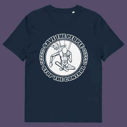 French navy t-shirt. This political t-shirt carries an anti-dictatorship message and encourages independent thought. A unique design promoting freedom of choice and a less controlling government. Made from 100% organic ring-spun cotton, this political t-shirt is unisex, high-quality, super comfy, and best of all, eco-friendly.