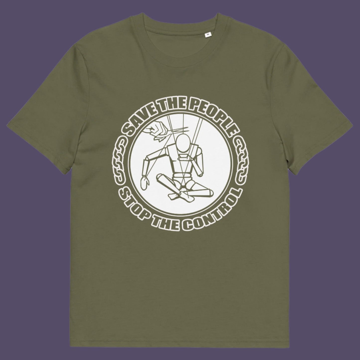 Khaki t-shirt. This political t-shirt carries an anti-dictatorship message and encourages independent thought. A unique design promoting freedom of choice and a less controlling government. Made from 100% organic ring-spun cotton, this political t-shirt is unisex, high-quality, super comfy, and best of all, eco-friendly.