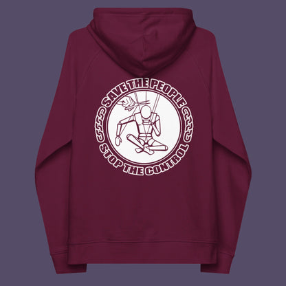 Burgundy hoodie back. This save the people hoodie carries an anti-dictatorship message and encourages independent thought and social awareness. A unique design promoting freedom of choice and a less controlling government. Comfortable and practical. It's extra soft and has a convenient front pouch pocket. Made from organic cotton and recycled polyester, this civil liberties hoodie is a great eco-friendly choice.